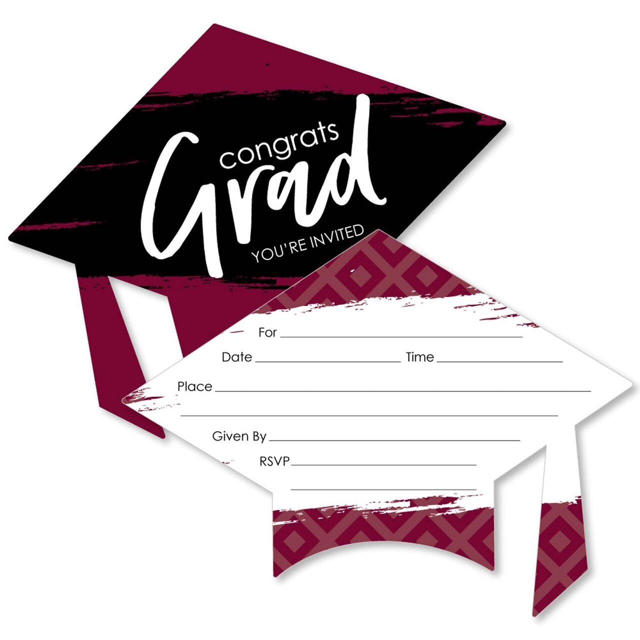 Big Dot of Happiness Maroon Graduation Party Invitations - Shaped Fill-In Invite Cards with Envelopes - Set of 12